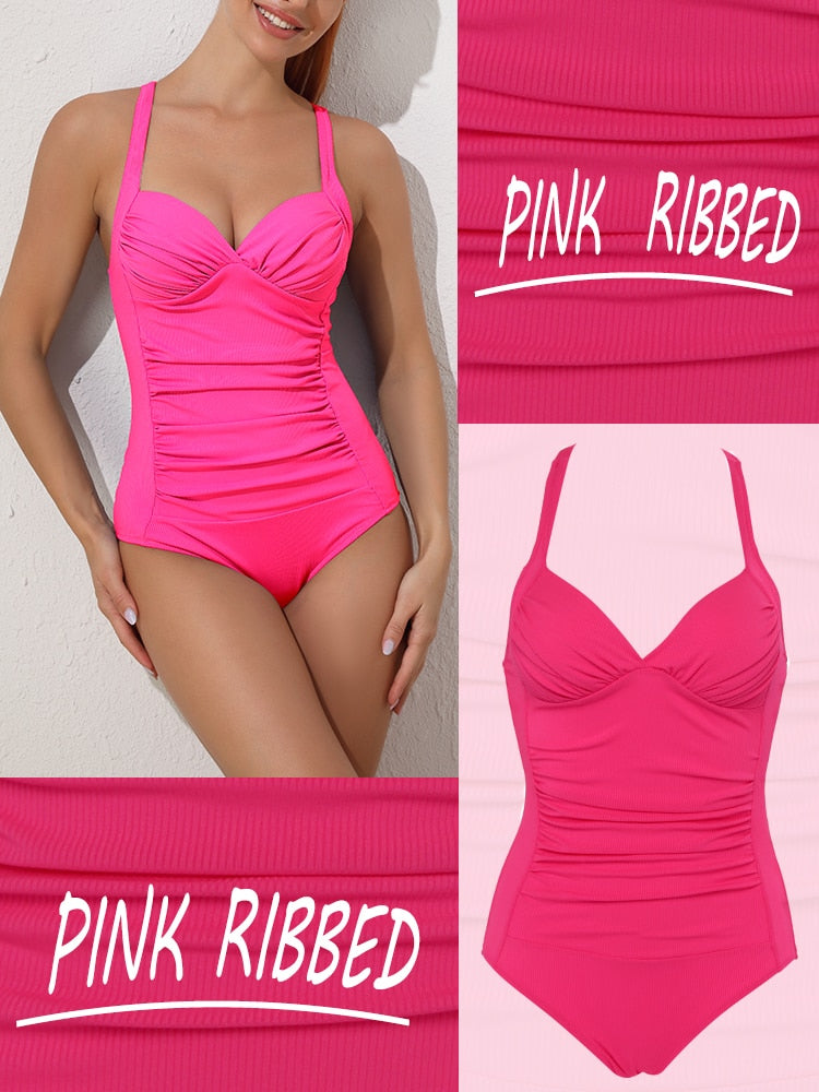 HOMGAO Sexy Push Up Women's One Piece Swimsuits Large Size Shirred Swimwear Vintage Bodysuit Tummy Control Bathing Suits L-4XL