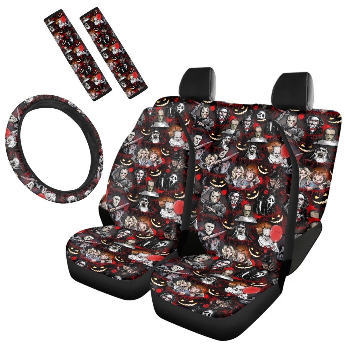 Horror Movie Killer Print Car Cushion Cover Seat Belt Cover Non-Slip Steering Wheel Cover Full Set Car Seat Halloween Decoration