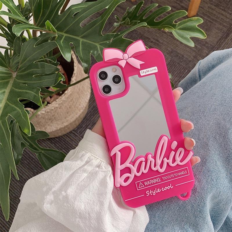 Kawaii Barbie Phone Case for 11 12 13 14 Pro Max Mini Xsmax Xr Xs X 6 7 8 Plus Se Anime Doll Pendant Fashion Cover with Mirror