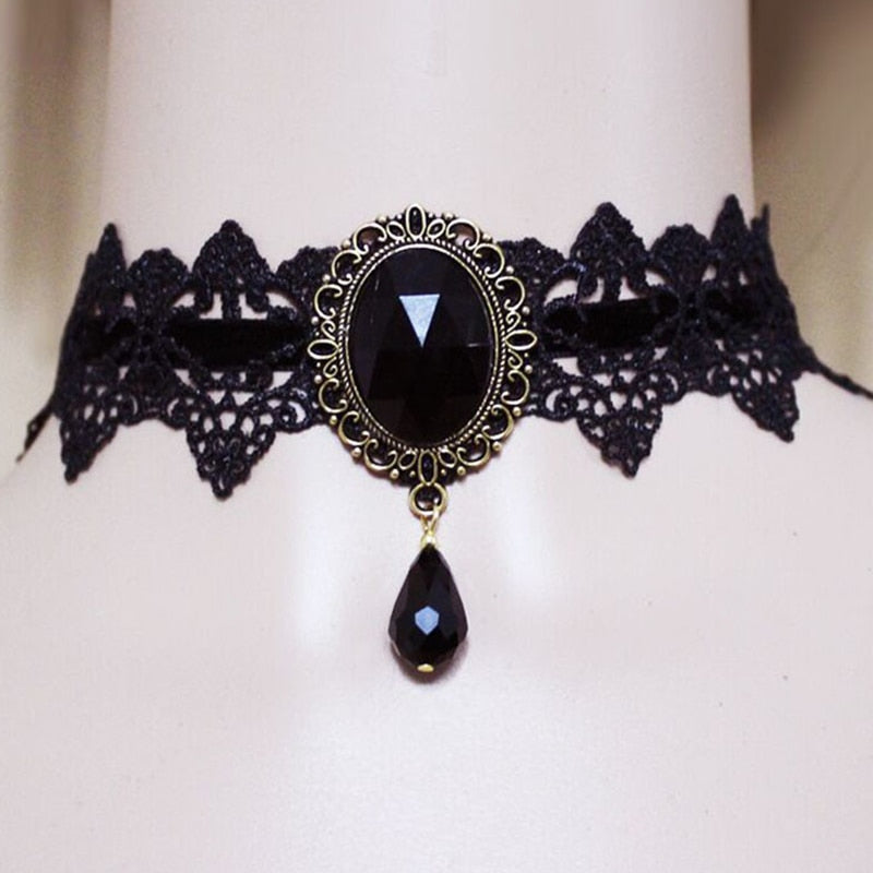 Gothic Victorian Black Lace Necklace Women Girl Boho Crystal Tassel Sexy Lace Choker Steampunk Dark Loli Style Halloween Jewelry