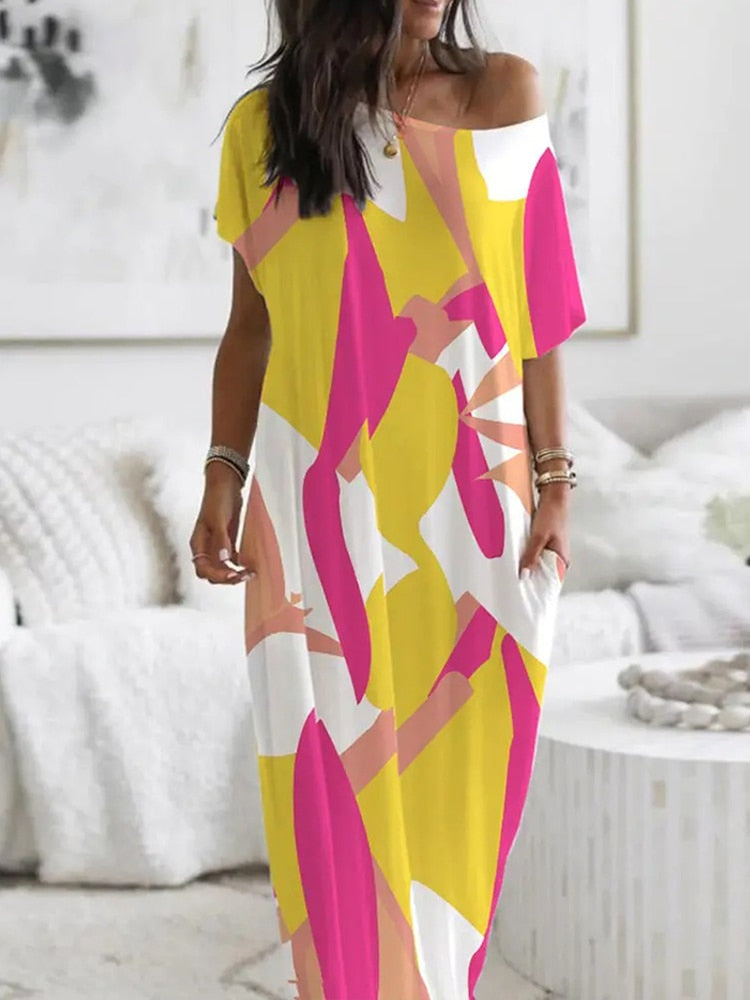 Elegant Off Shoulder Loose Long Dress Vintage Pattern Printed Pullover Party Dress Women Casual Short Sleeve Pocket Maxi Dresses