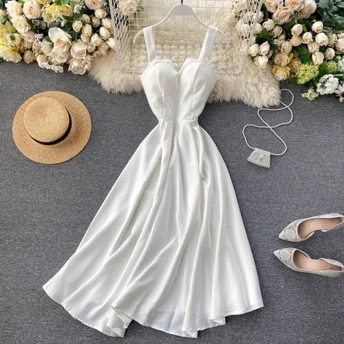 FMFSSOM 2022 Summer V-neck Sexy Open Back Red Dress Women Knee-length Bohemian Style  Solid Spaghetti Strap Party Clothing
