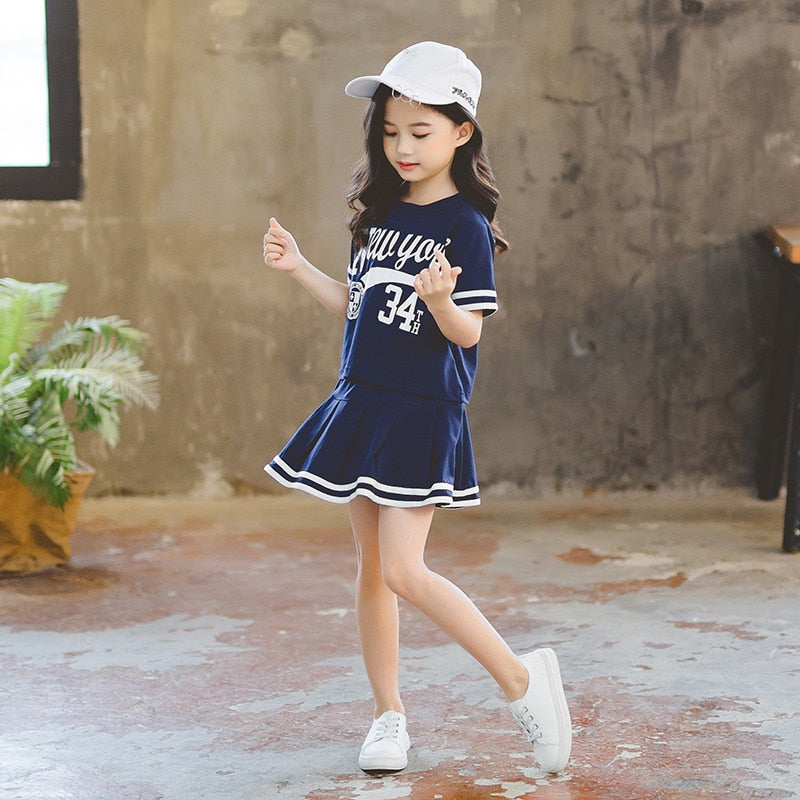 Summer Girls Clothes Suit 2023 Short-Sleeved+A-Line Skirt 2Pcs Set College Style Jk Uniform Children Clothing Baby Tracksuits