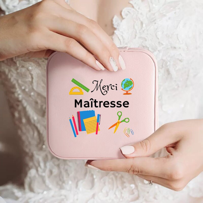 Custom Merci Mistress Print Jewellery Box Travel Earring Holder Storage Display Case Gifts for Teacher cadeau maitresse école