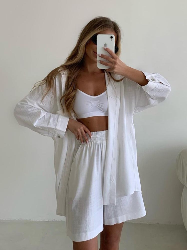 Summer Women's Suit Shirt and Short Sets Solid Color Casual Cotton and Linen Blouse and Shorts Two Piece Sets Women Outfit 2023