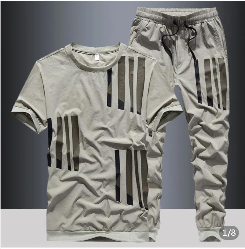 Summer new ice silk suit male summer youth fashion brand short sleeve T-shirt male loose pants casual sportswear male