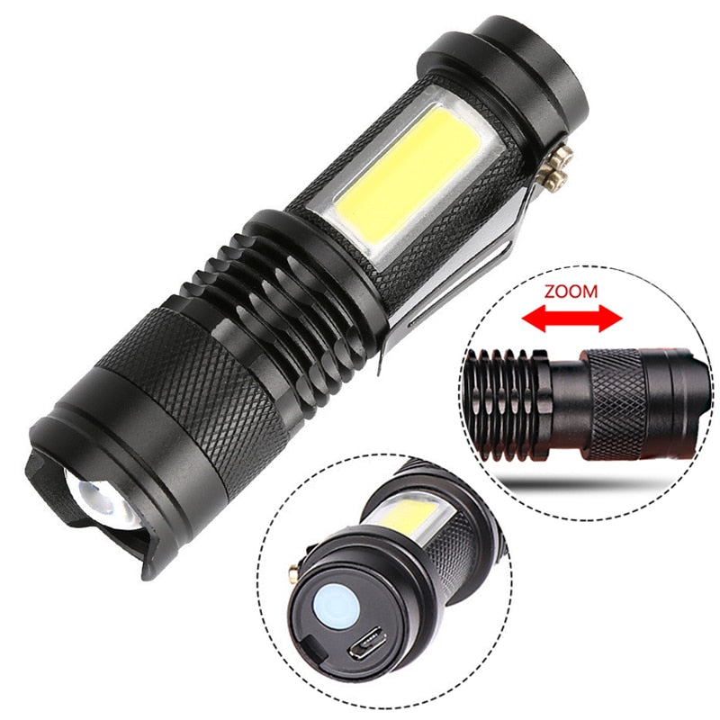 Built In Battery Q5 Portable Mini Led Flashlight Zoom Torch COB Lamp 2000 Lumens Adjustable Penlight Waterproof for Outdoor