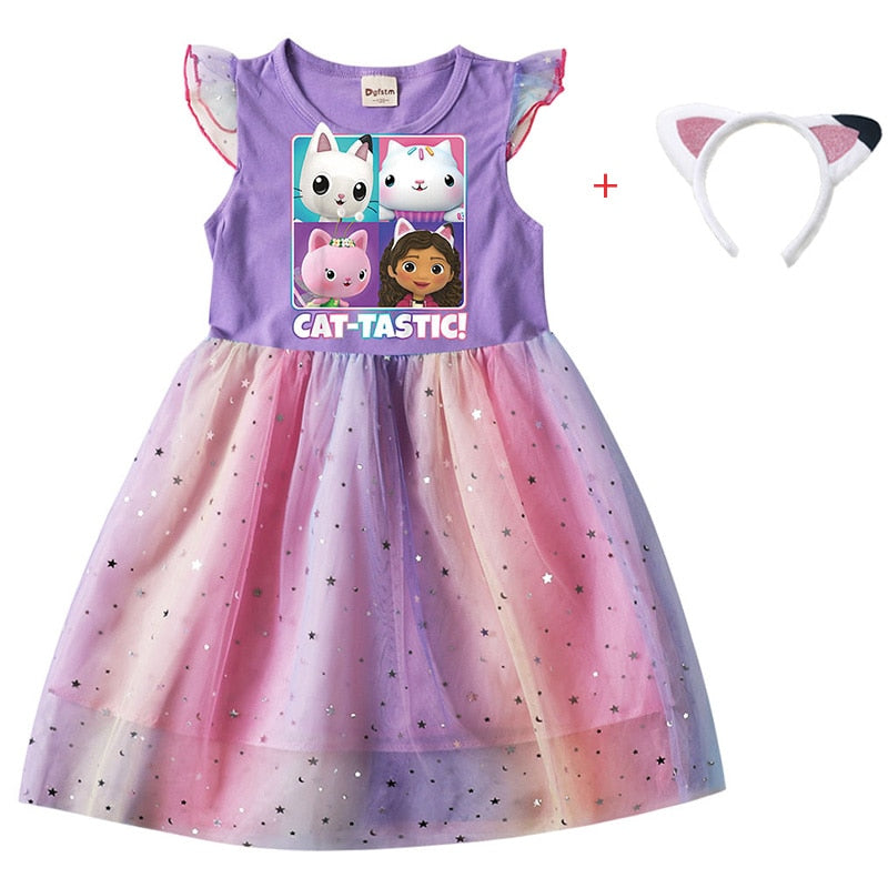 Cartoon Gabby Cats Baby Girl Dresses Kids Gabby's Doll House Clothes Cosplay Costume Children Fly Sleeve Casual Dress + Headband