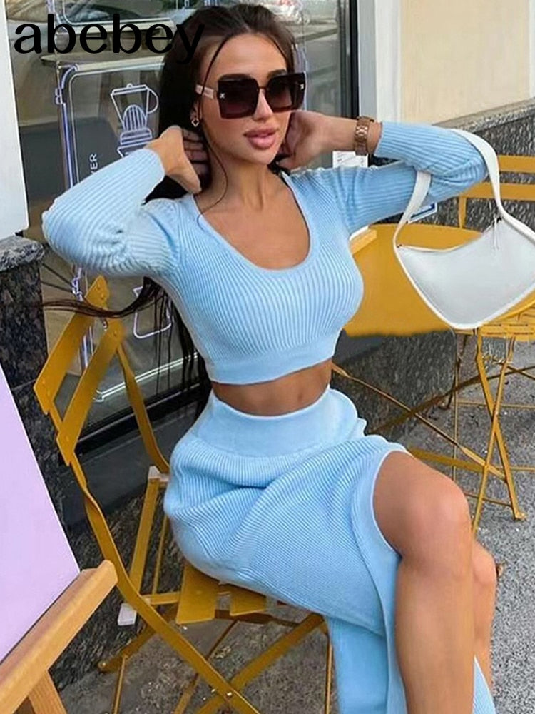 Knitted Winter Women Sexy Sweater Skirt Suit Y2K Fashion Long Sleeve Crop Tops And Long Split Skirt Dress Two Piece Sets