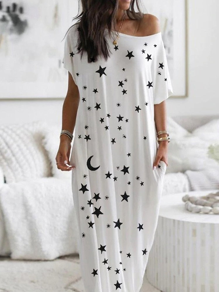 Elegant Off Shoulder Loose Long Dress Vintage Pattern Printed Pullover Party Dress Women Casual Short Sleeve Pocket Maxi Dresses