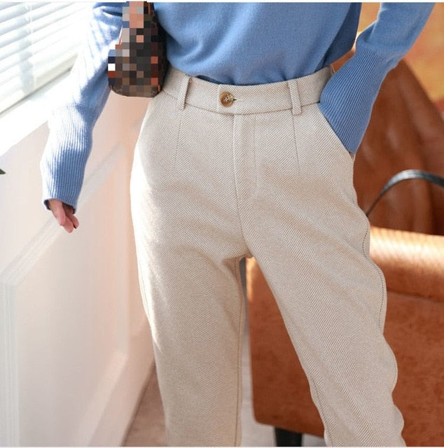 Woolen Pants Women's Harem Pencil Pants 2023 Autumn Winter High Waisted Casual Suit Pants Office Lady Women Trousers