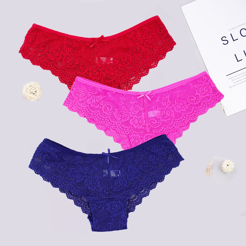 3pcs/lots Women Briefs Sexy Full Lace Panties Hollow Out Low-waist Female Shorts Soft Solid Color Breathable Underwear Fast Ship