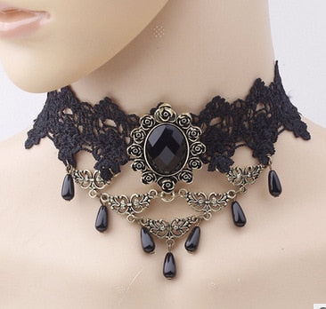 Gothic Victorian Black Lace Necklace Women Girl Boho Crystal Tassel Sexy Lace Choker Steampunk Dark Loli Style Halloween Jewelry