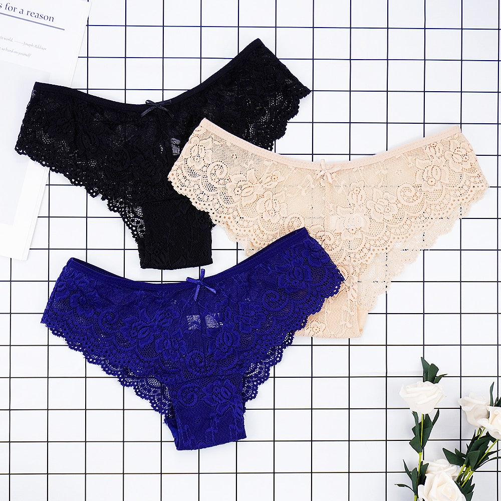 3pcs/lots Women Briefs Sexy Full Lace Panties Hollow Out Low-waist Female Shorts Soft Solid Color Breathable Underwear Fast Ship