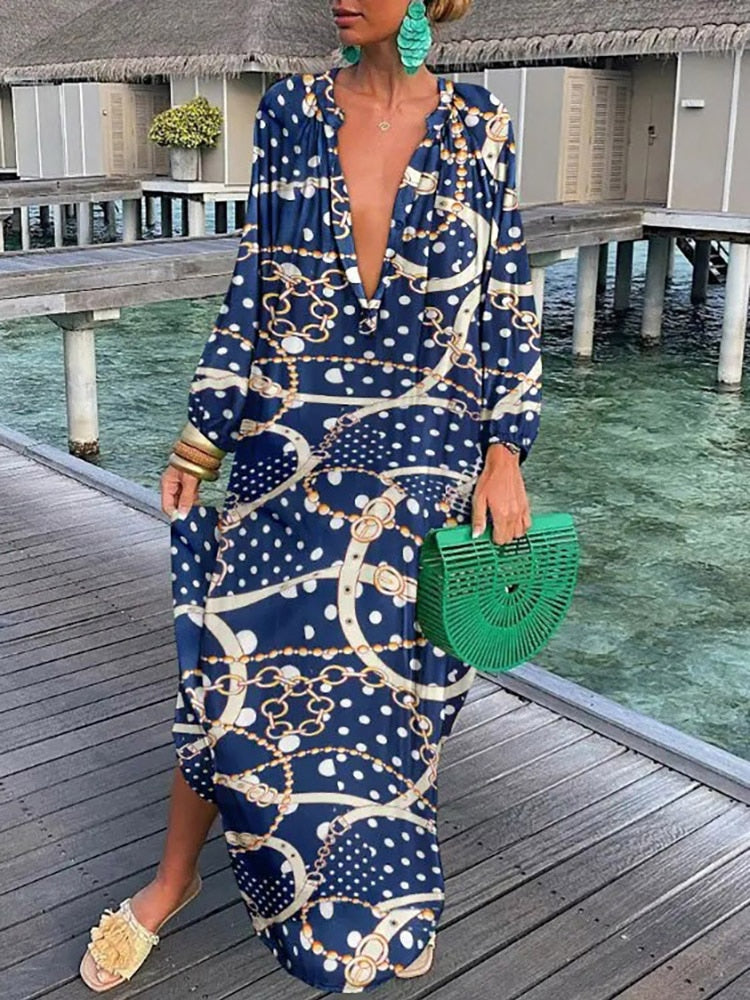 Women Boho Maxi Dress 2023 Summer Sexy Deep V-Neck Long Dresses Vintage Print Long Sleeve Loose Beach Cover Up Female Dress Robe