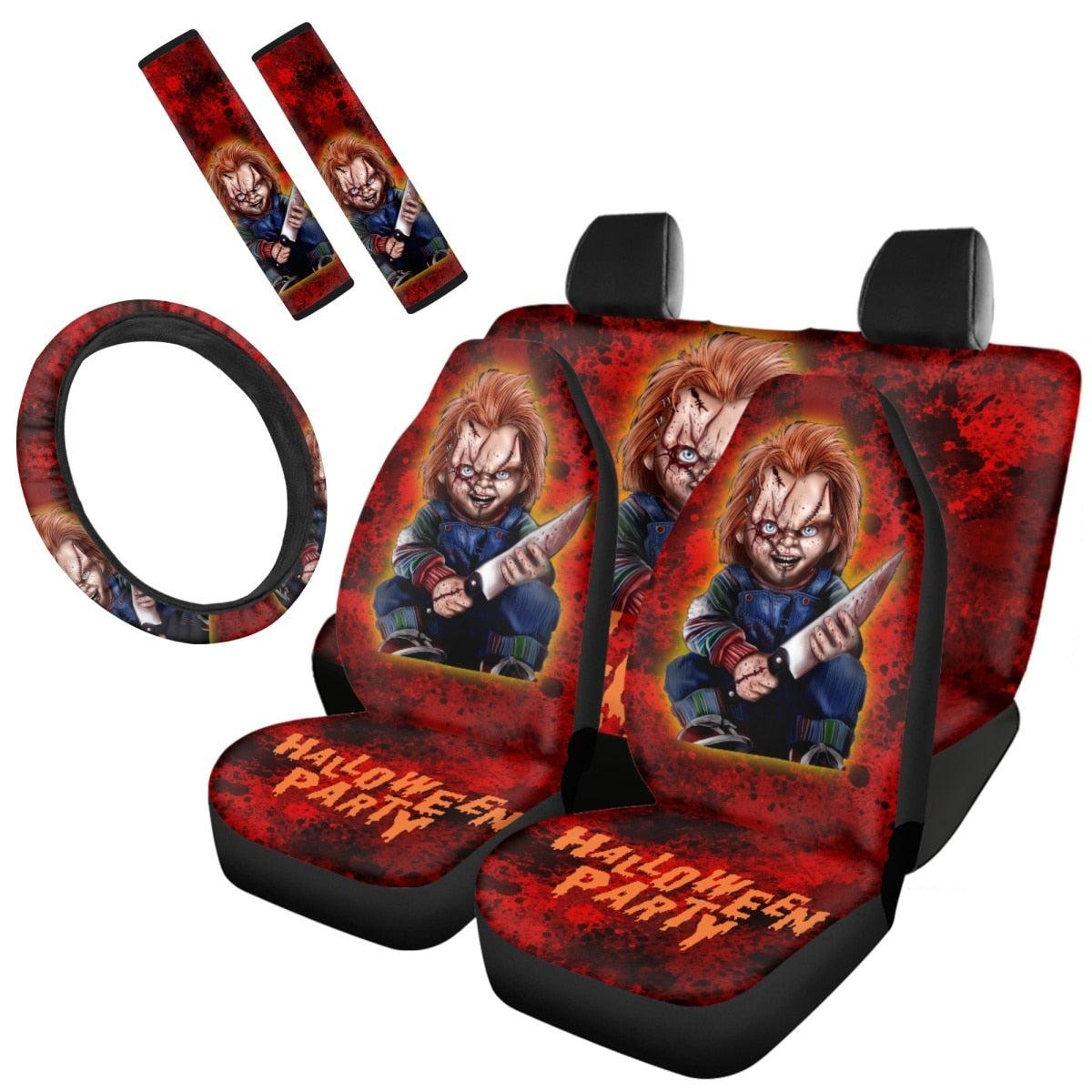 Horror Movie Killer Print Car Cushion Cover Seat Belt Cover Non-Slip Steering Wheel Cover Full Set Car Seat Halloween Decoration