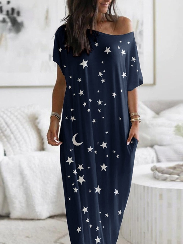 Elegant Off Shoulder Loose Long Dress Vintage Pattern Printed Pullover Party Dress Women Casual Short Sleeve Pocket Maxi Dresses