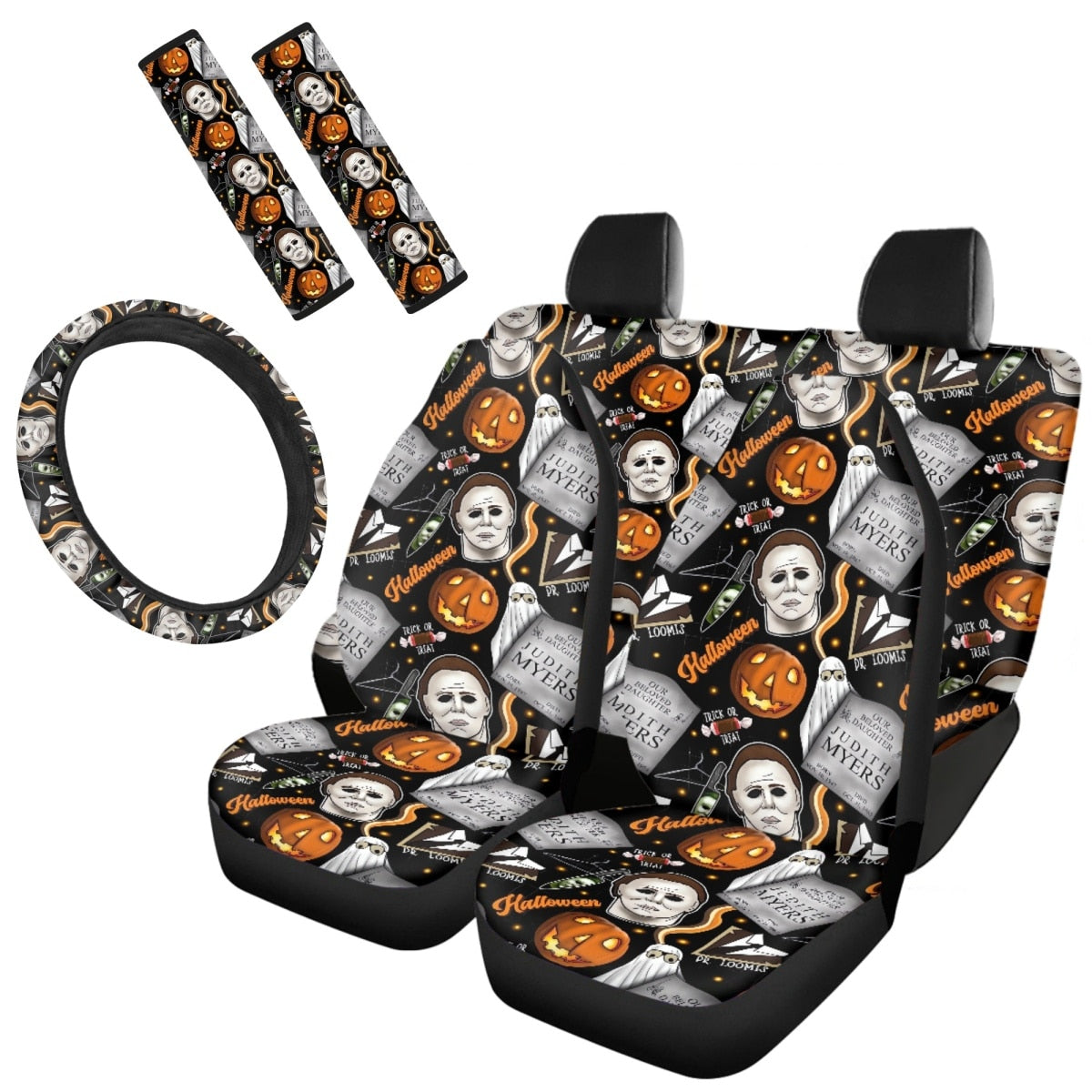 Horror Movie Killer Print Car Cushion Cover Seat Belt Cover Non-Slip Steering Wheel Cover Full Set Car Seat Halloween Decoration