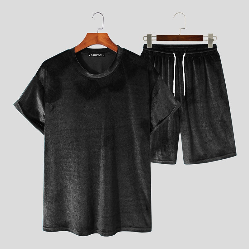 INCERUN Men Casual Sets Velour Solid Color O-neck Short Sleeve T Shirt & Drawstring Shorts Two Pieces 2023 Streetwear Men Suits