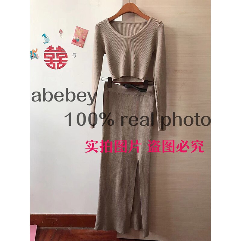 Knitted Winter Women Sexy Sweater Skirt Suit Y2K Fashion Long Sleeve Crop Tops And Long Split Skirt Dress Two Piece Sets