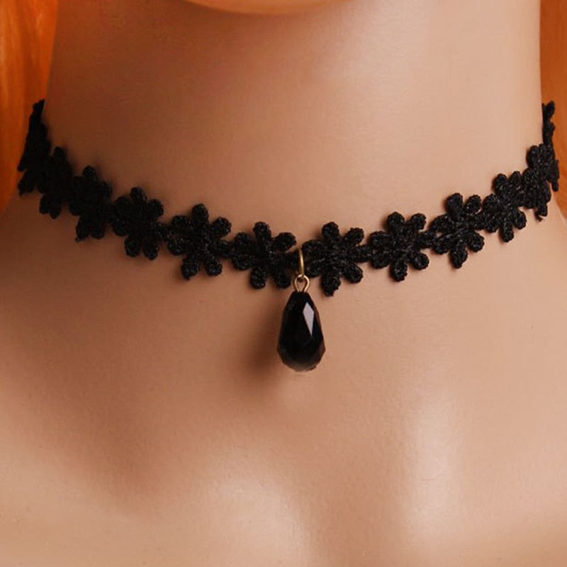 Gothic Victorian Black Lace Necklace Women Girl Boho Crystal Tassel Sexy Lace Choker Steampunk Dark Loli Style Halloween Jewelry
