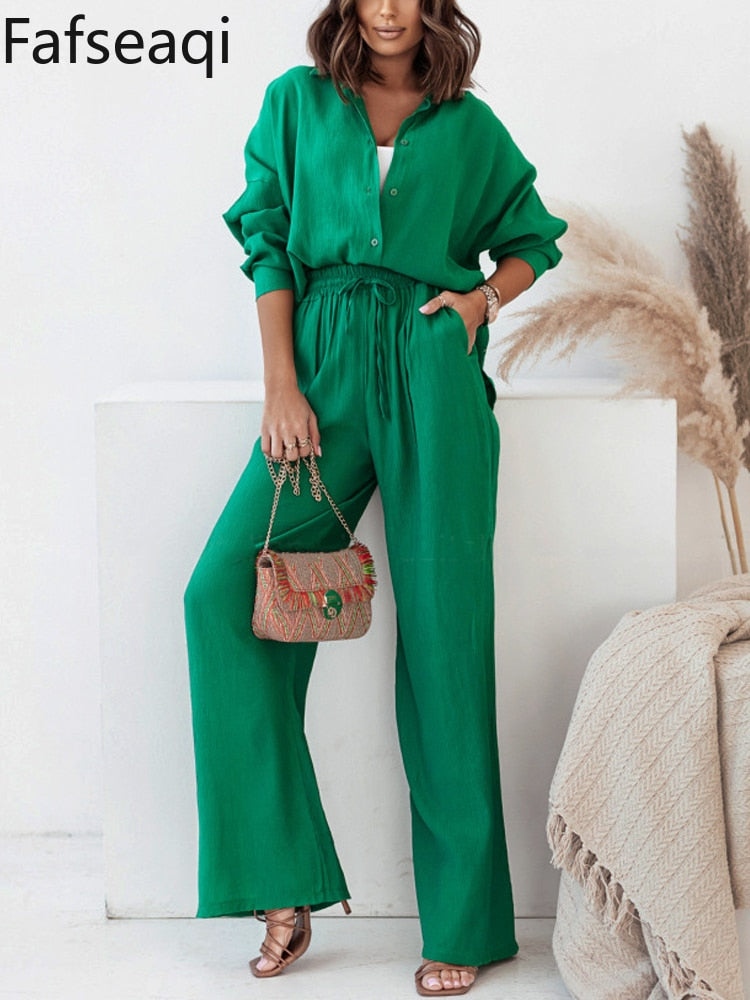 Spring Summer Blue Trouser Suit Set for Women Office Wear Chic Shirts Two Piece Suit Women Elegant Wide Pants Outfits Tracksuit