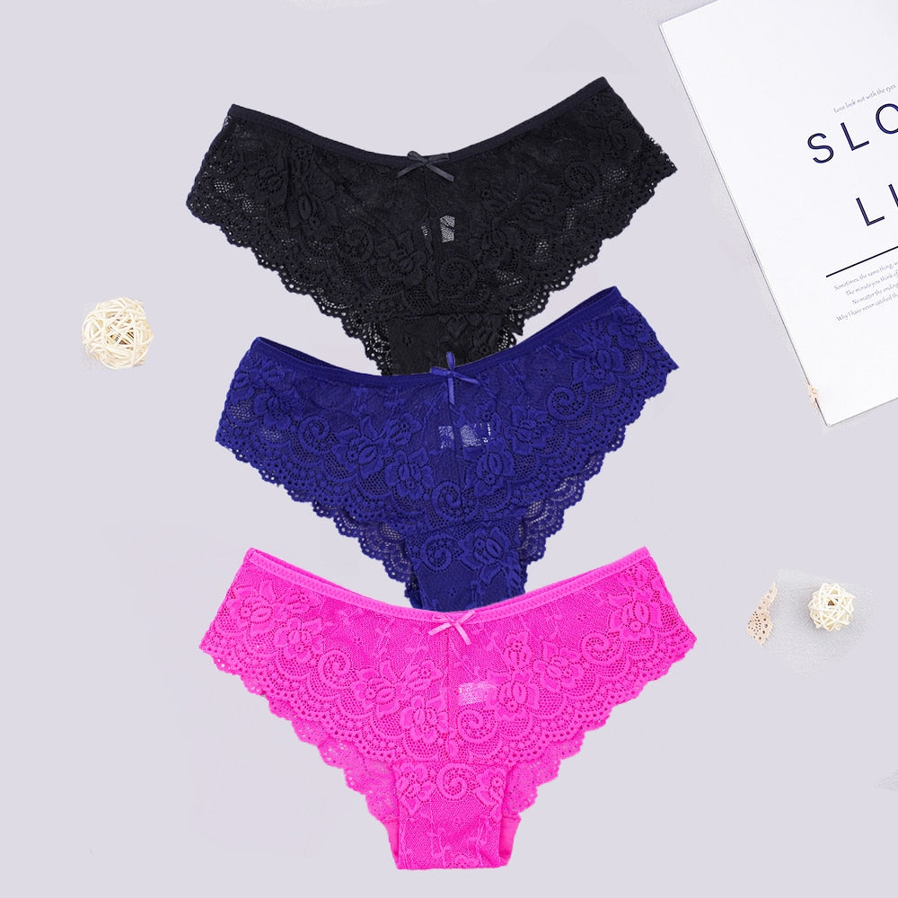 3pcs/lots Women Briefs Sexy Full Lace Panties Hollow Out Low-waist Female Shorts Soft Solid Color Breathable Underwear Fast Ship