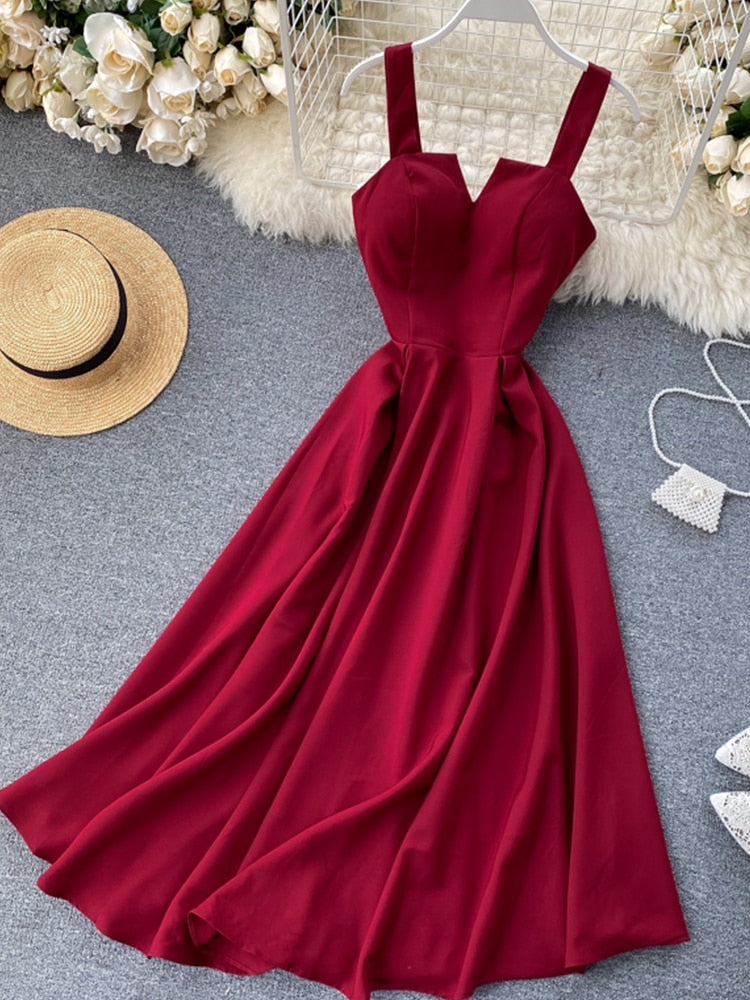 FMFSSOM 2022 Summer V-neck Sexy Open Back Red Dress Women Knee-length Bohemian Style  Solid Spaghetti Strap Party Clothing