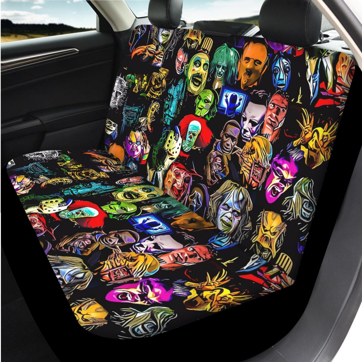 Horror Movie Killer Print Car Cushion Cover Seat Belt Cover Non-Slip Steering Wheel Cover Full Set Car Seat Halloween Decoration