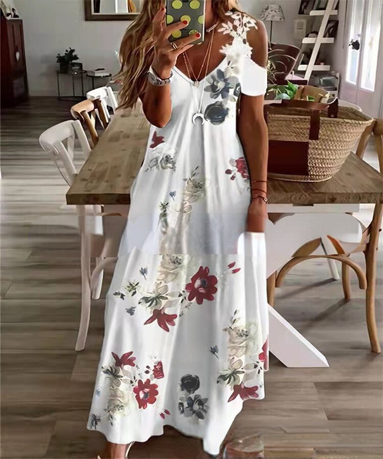 Sexy Spaghetti Strap Long Dress Women Summer Floral V Neck Hollow Out Boho Maxi Dresses Casual Beach Dress Party Robe Vestidos