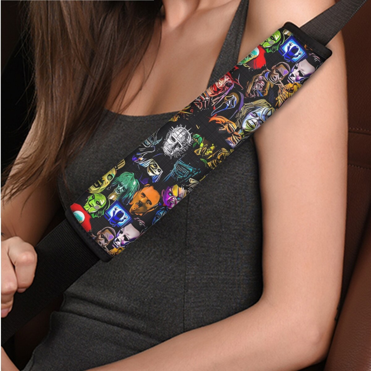 Horror Movie Killer Print Car Cushion Cover Seat Belt Cover Non-Slip Steering Wheel Cover Full Set Car Seat Halloween Decoration