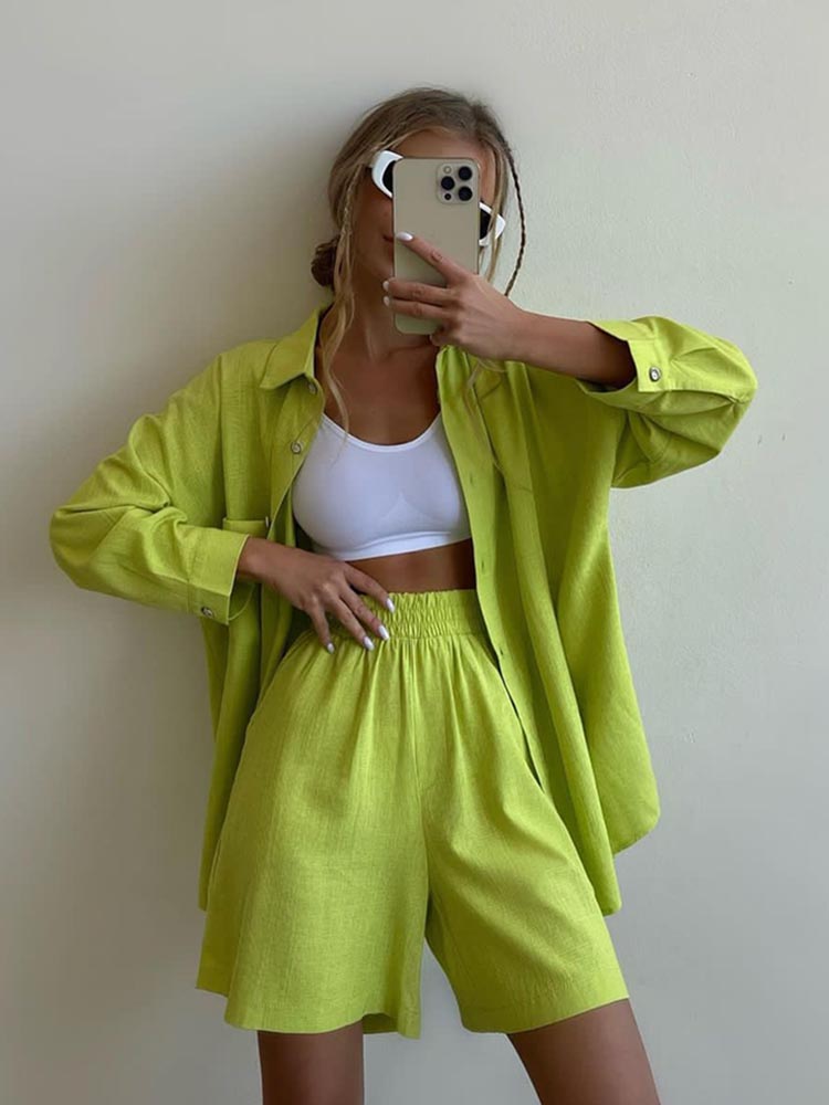 Summer Women's Suit Shirt and Short Sets Solid Color Casual Cotton and Linen Blouse and Shorts Two Piece Sets Women Outfit 2023