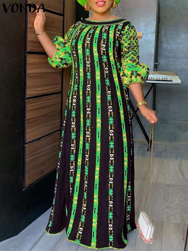 VONDA Plus Size 5XL Dress Women Long Maxi Sundress 2023 O-Neck Printed Casual Bohemian Robe Femme Lantern Sleeve Party Vestido