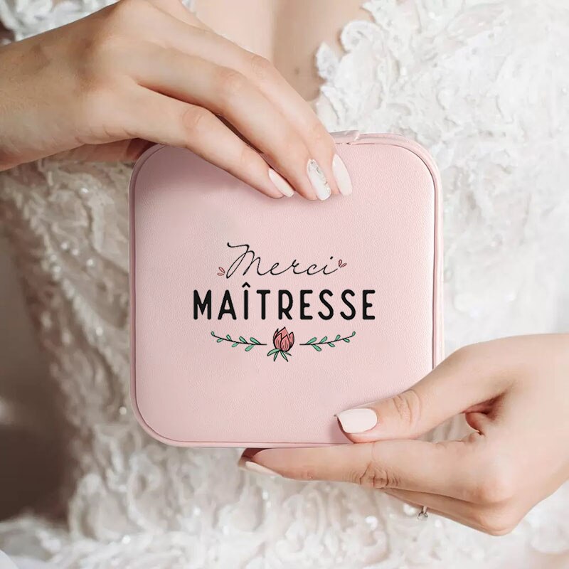 Custom Merci Mistress Print Jewellery Box Travel Earring Holder Storage Display Case Gifts for Teacher cadeau maitresse école