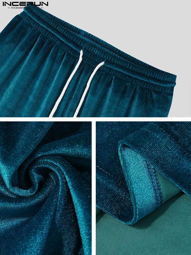 INCERUN Men Casual Sets Velour Solid Color O-neck Short Sleeve T Shirt & Drawstring Shorts Two Pieces 2023 Streetwear Men Suits