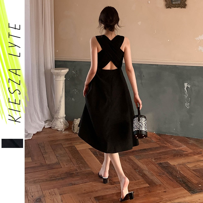 Women Summer Sexy Dress Elegant Hepburn Style Black Sleeveless Back Cross Midi A Line Party Dresses 2023New Fashion Vestidos