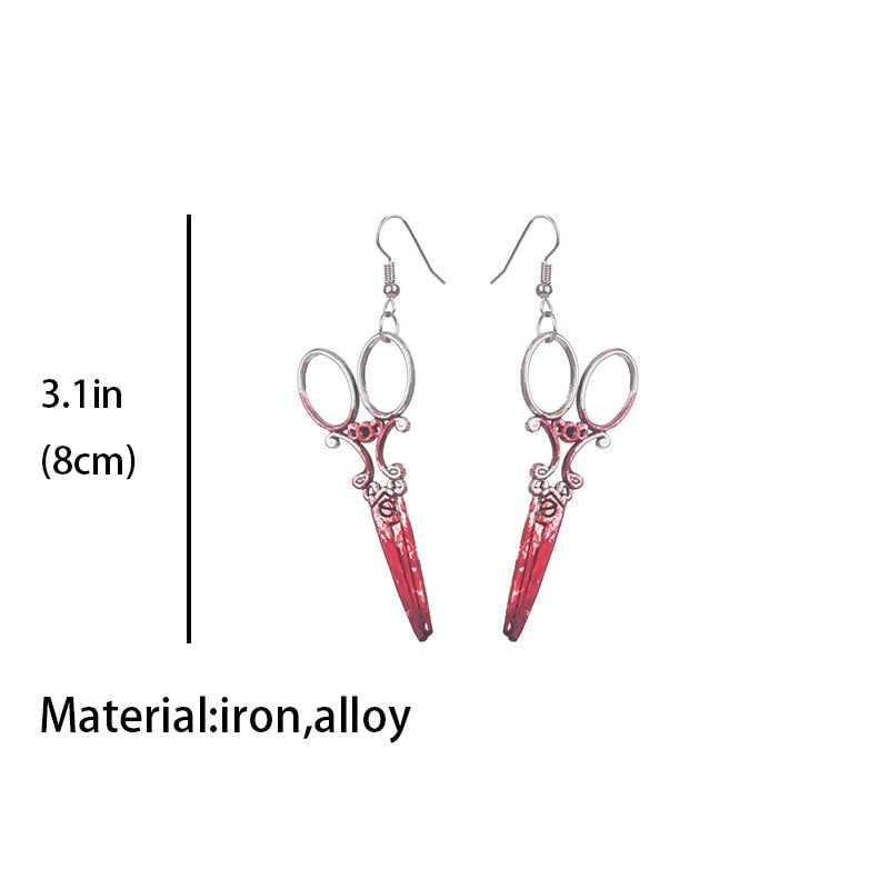 1Pairs Halloween Horror Bloodstain Scissors Axe Sharp Knife Dangle Earrings for Women Fashion Exaggerated Jewelry Party Gifts