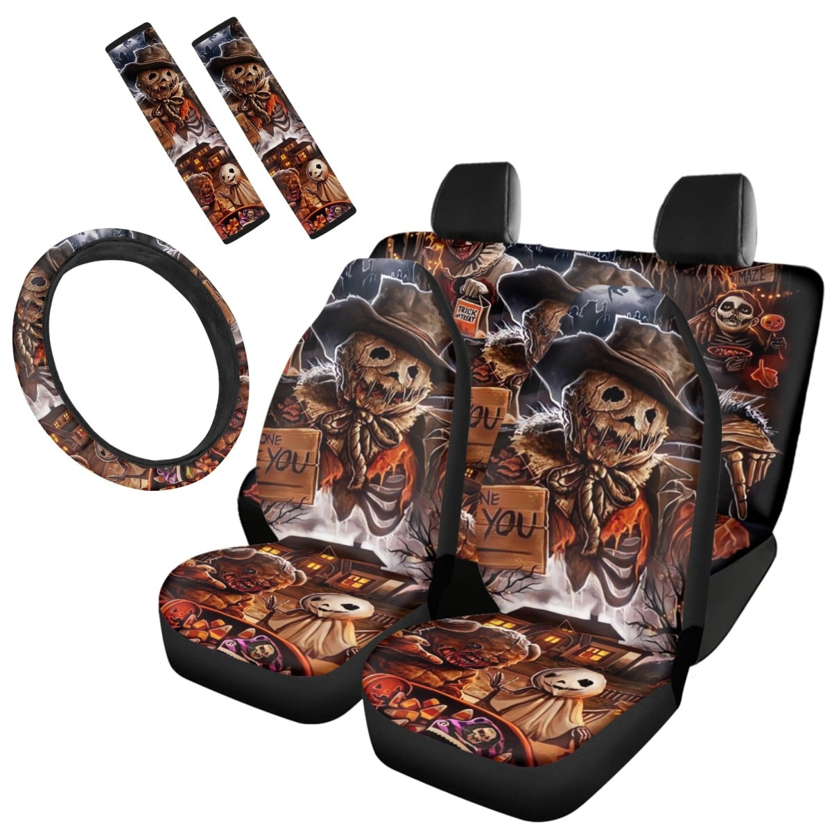 Horror Movie Killer Print Car Cushion Cover Seat Belt Cover Non-Slip Steering Wheel Cover Full Set Car Seat Halloween Decoration