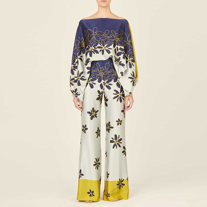 Casual Satin Commuting Suit Fashion Hollow Off Shoulder Tops With Long Pants Women 2 Piece Sets 2023 Spring Loose Print Outfits