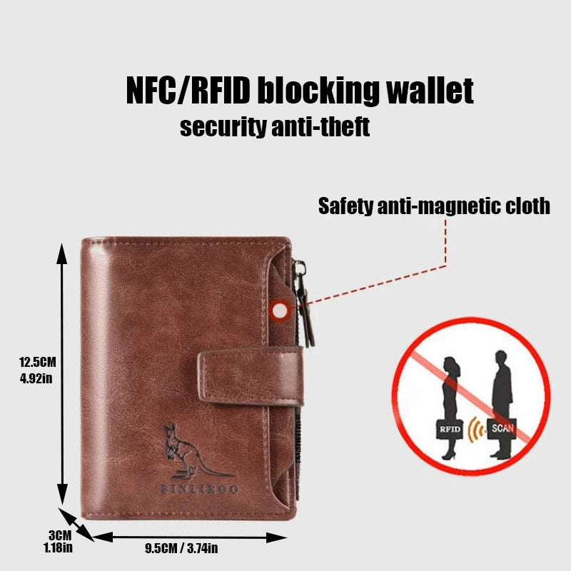 Fashion Men&#39;s Coin Purse Wallet RFID Blocking Man Leather Wallet Zipper Business Card Holder ID Money Bag Wallet Male
