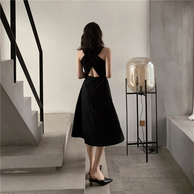 Women Summer Sexy Dress Elegant Hepburn Style Black Sleeveless Back Cross Midi A Line Party Dresses 2023New Fashion Vestidos