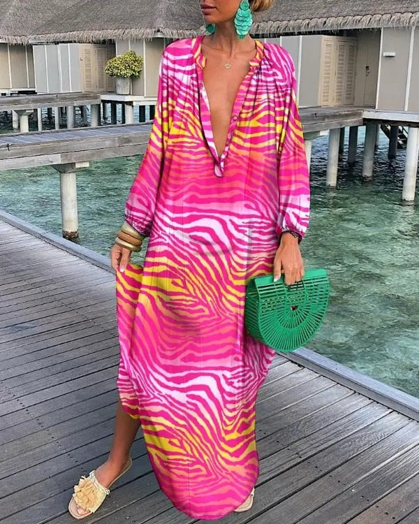 Women Boho Maxi Dress 2023 Summer Sexy Deep V-Neck Long Dresses Vintage Print Long Sleeve Loose Beach Cover Up Female Dress Robe