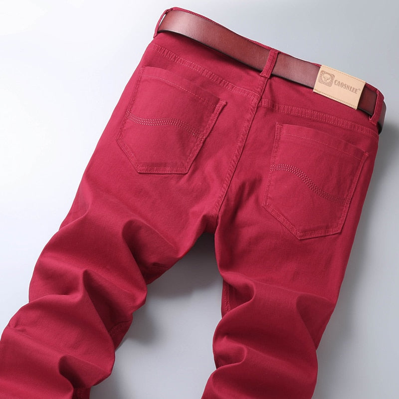 Classic Style Men's Wine Red Jeans Fashion Business Casual Straight Denim Stretch Trousers Male Brand Pants