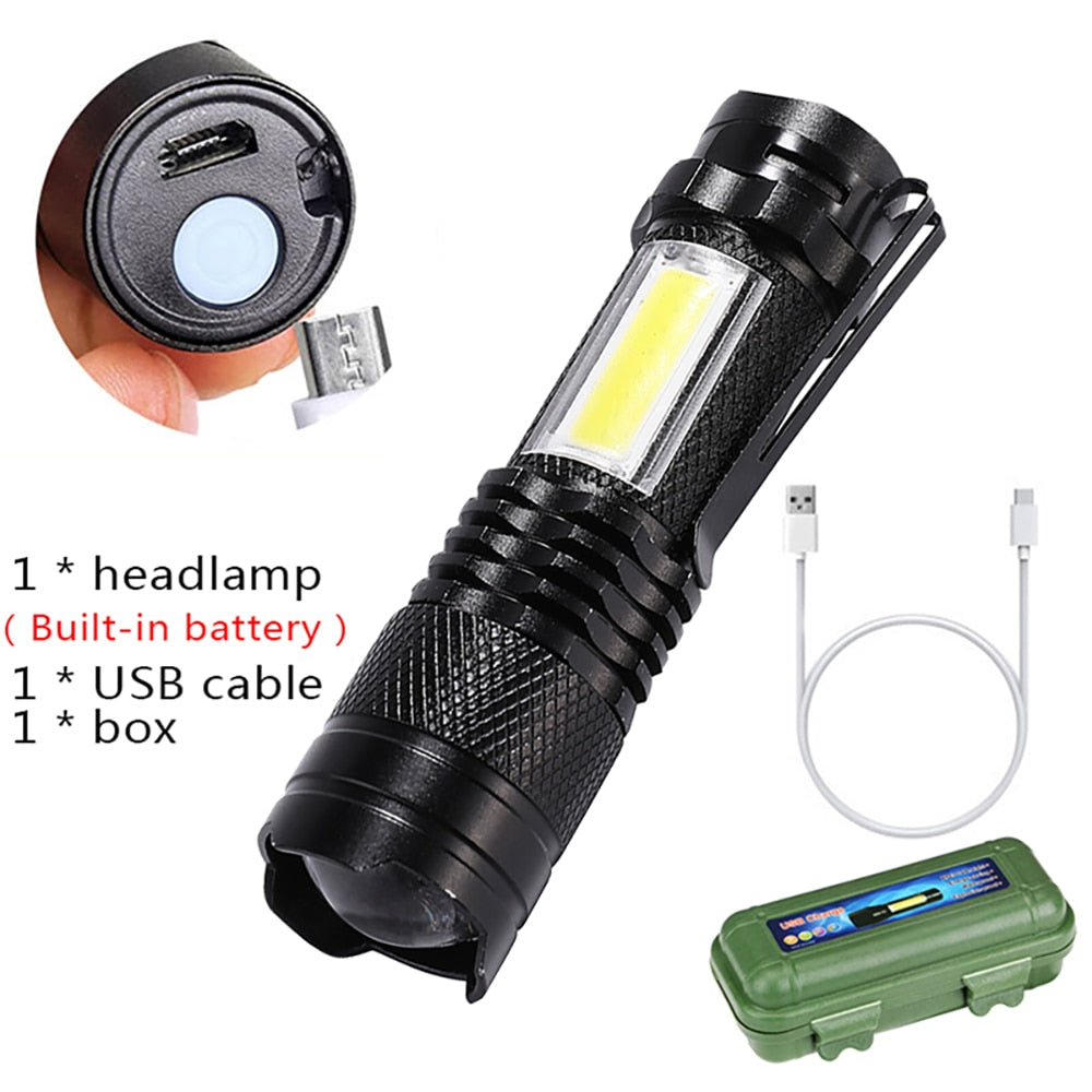 Built In Battery Q5 Portable Mini Led Flashlight Zoom Torch COB Lamp 2000 Lumens Adjustable Penlight Waterproof for Outdoor