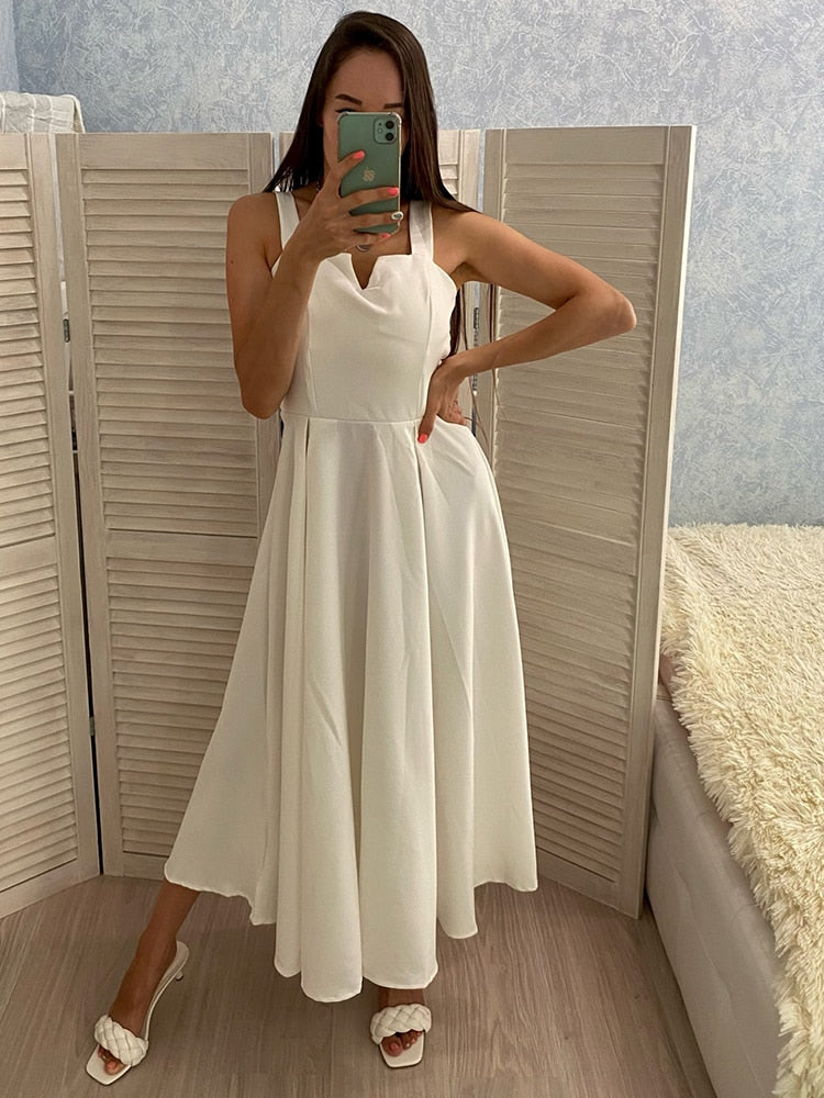 FMFSSOM 2022 Summer V-neck Sexy Open Back Red Dress Women Knee-length Bohemian Style  Solid Spaghetti Strap Party Clothing
