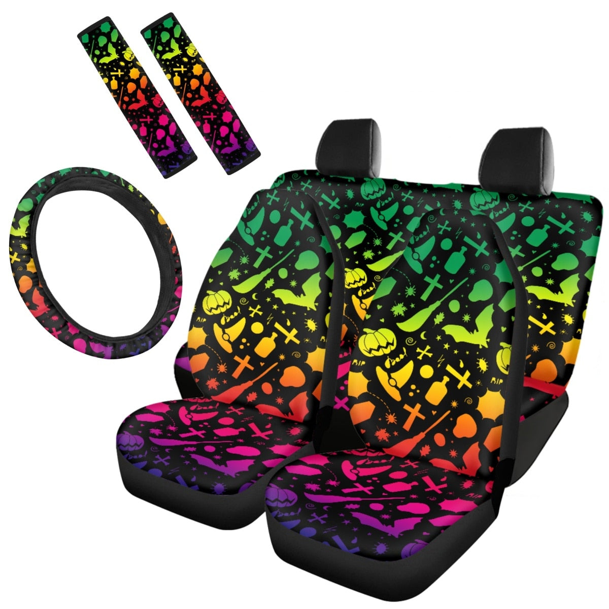 Horror Movie Killer Print Car Cushion Cover Seat Belt Cover Non-Slip Steering Wheel Cover Full Set Car Seat Halloween Decoration