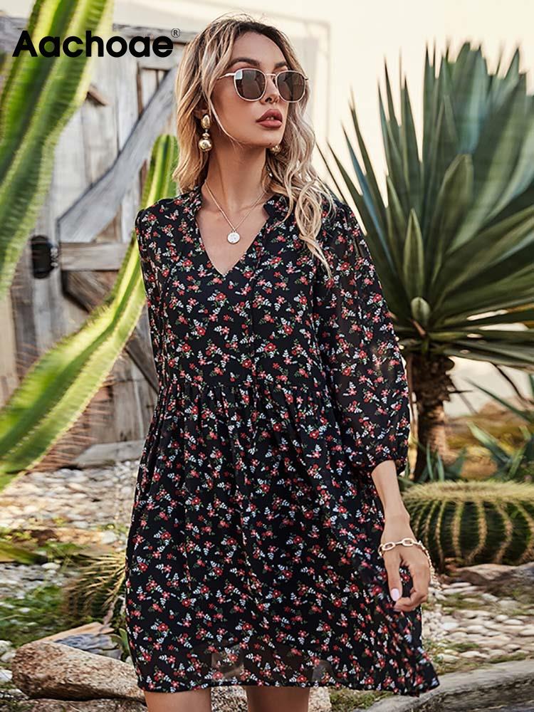 Aachoae Women Floral Print Holiday Chiffon Dresses 2021 Bow Tie V Neck Beach Mini Dress Boho Puff Sleeve Loose Casual Dress