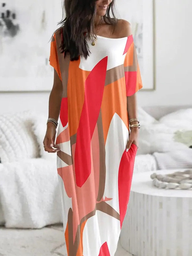 Elegant Off Shoulder Loose Long Dress Vintage Pattern Printed Pullover Party Dress Women Casual Short Sleeve Pocket Maxi Dresses