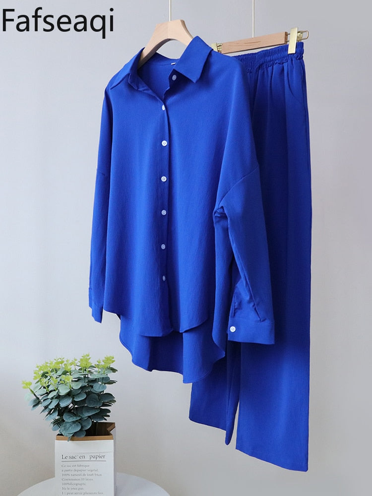 Spring Summer Blue Trouser Suit Set for Women Office Wear Chic Shirts Two Piece Suit Women Elegant Wide Pants Outfits Tracksuit