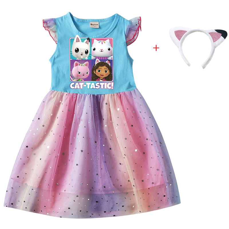 Cartoon Gabby Cats Baby Girl Dresses Kids Gabby's Doll House Clothes Cosplay Costume Children Fly Sleeve Casual Dress + Headband